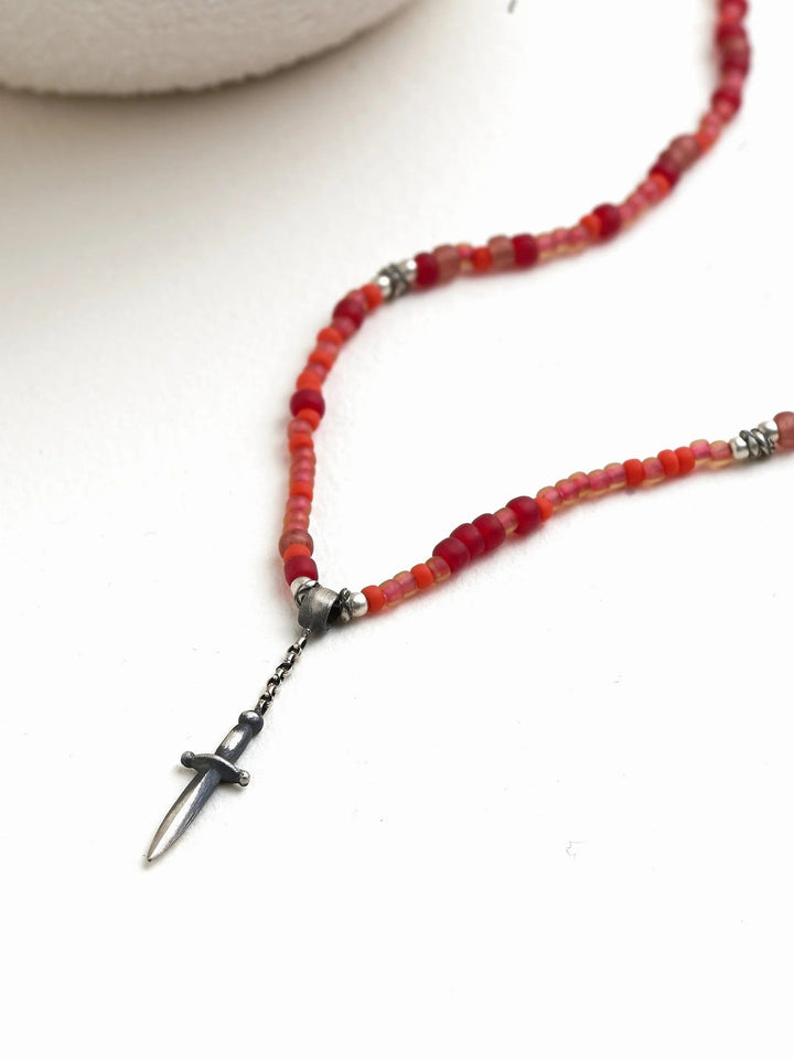 Sirene Beaded Necklace Sword Pendant - 15.7 Red Bead925 Silver Oxidebeaded necklaceBeaded NecklacesLunai Jewelry