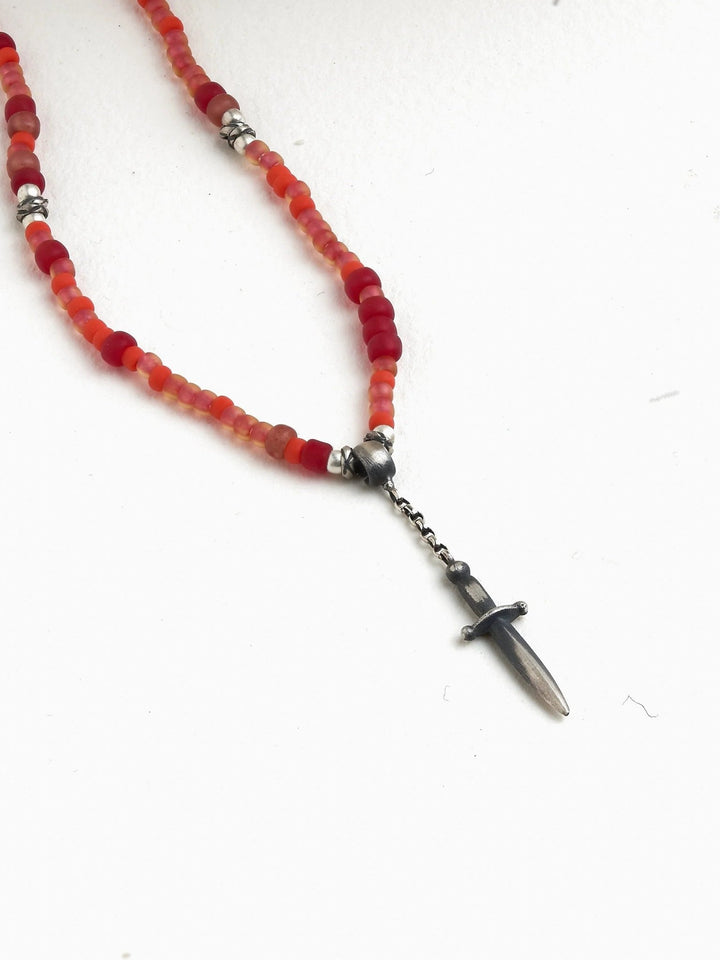 Sirene Beaded Necklace Sword Pendant - 17.7 Red Bead925 Silver Oxidebeaded necklaceBeaded NecklacesLunai Jewelry