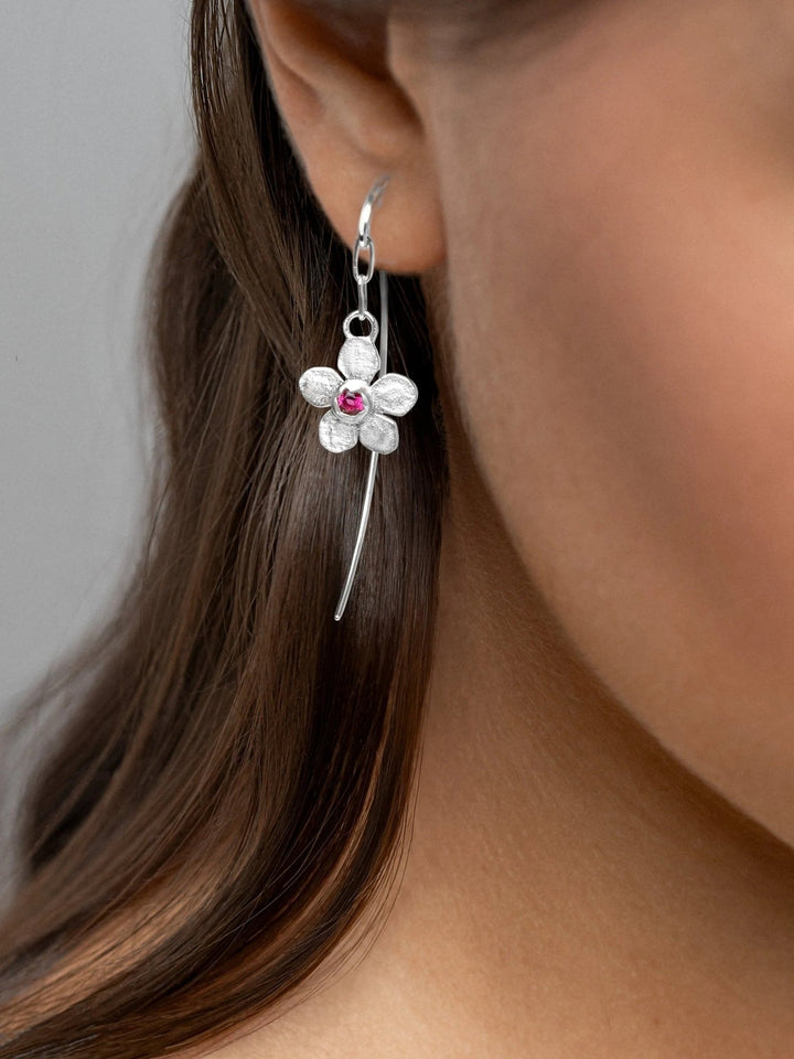 Tracey Dangle Earrings with Flower Charm - Red Granate925 Silver Matteboho earringschandelier earringsLunai Jewelry