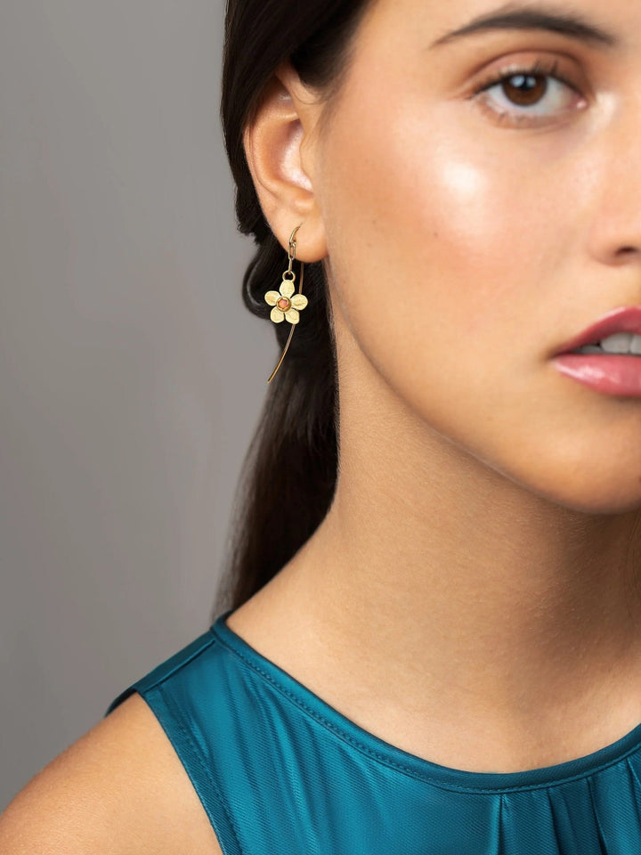 Tracey Dangle Earrings with Flower Charm - Salmon Pink Opal24k Gold Matteboho earringschandelier earringsLunai Jewelry