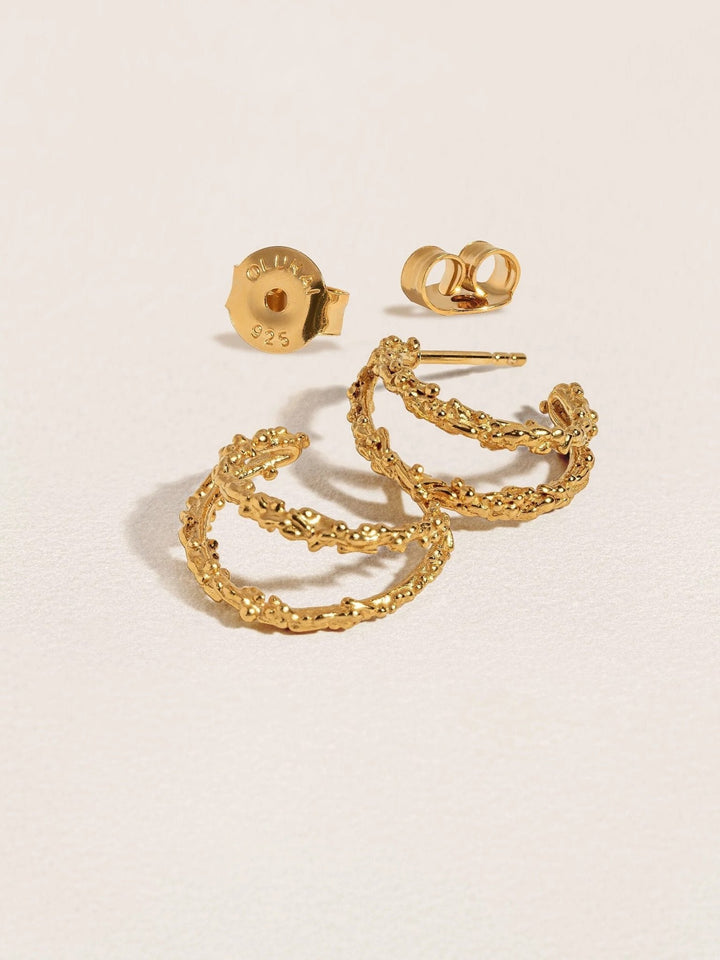 Priana Gold Double Hoop Stud Earrings, close-up view of the 24K gold-plated design.